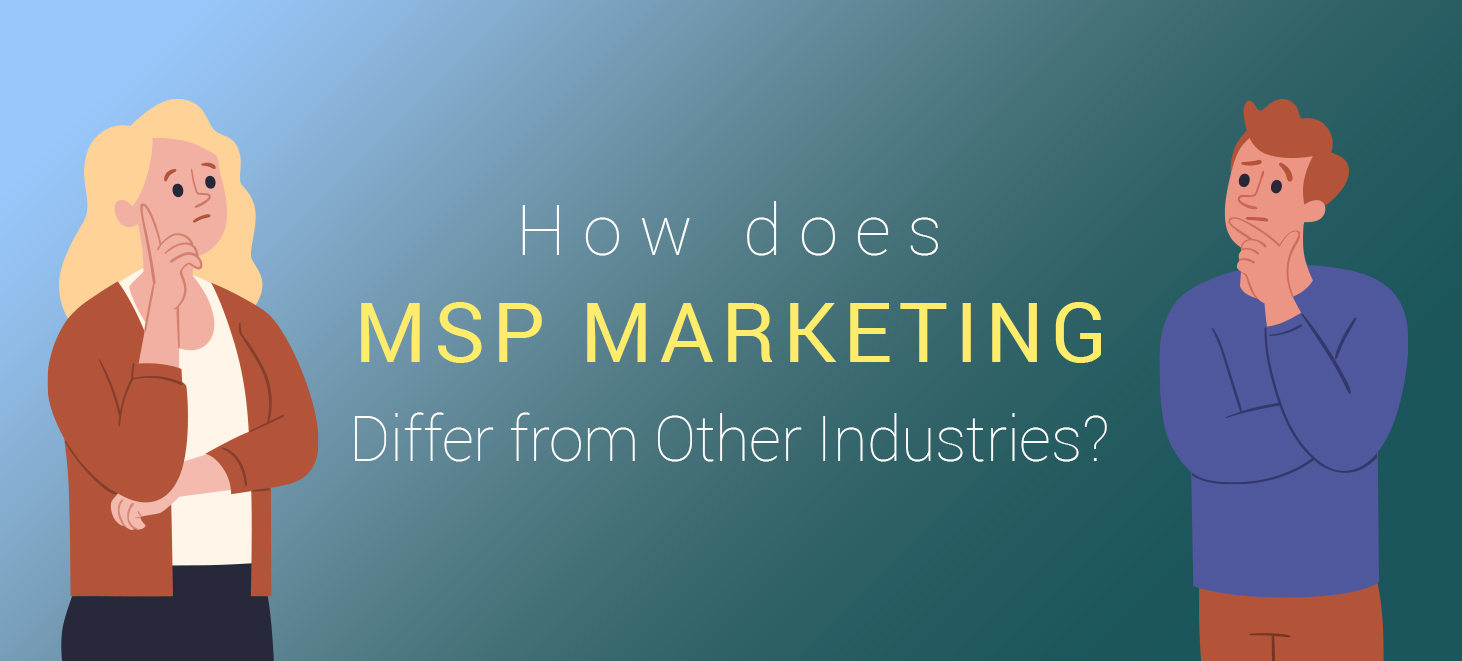 Two pensive individuals, one blonde and one brunette, pondering with their hands on their chins, alongside the question 'How does MSP MARKETING Differ from Other Industries?'