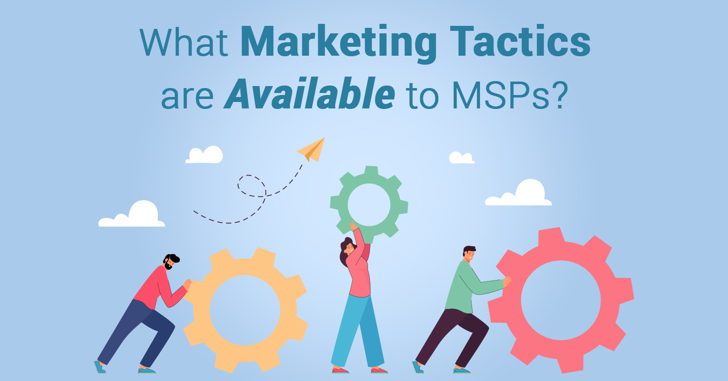 Professionals with gears and a paper plane representing the various marketing tactics MSPs can utilize for growth and success.