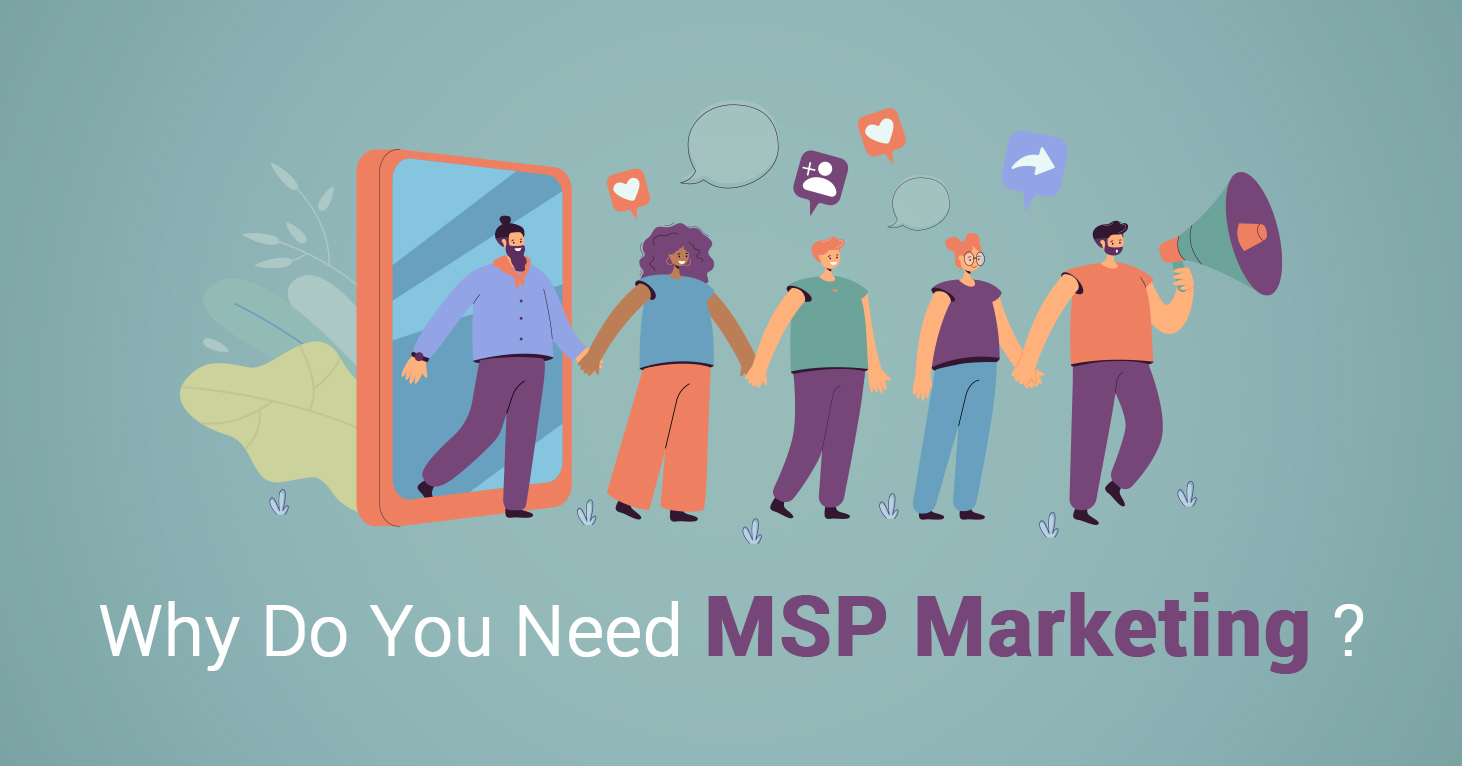 Person stepping out of a smartphone screen joining hands with others while one holds a megaphone, symbolizing the connection and communication in MSP marketing.